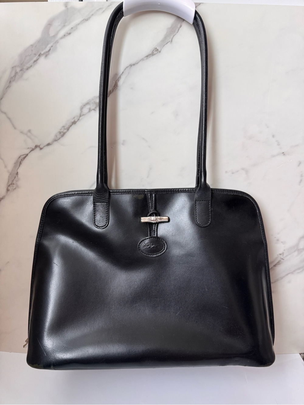 Authentic Longchamp Roseau Domed Shoulder Bag Black Leather French Luxury